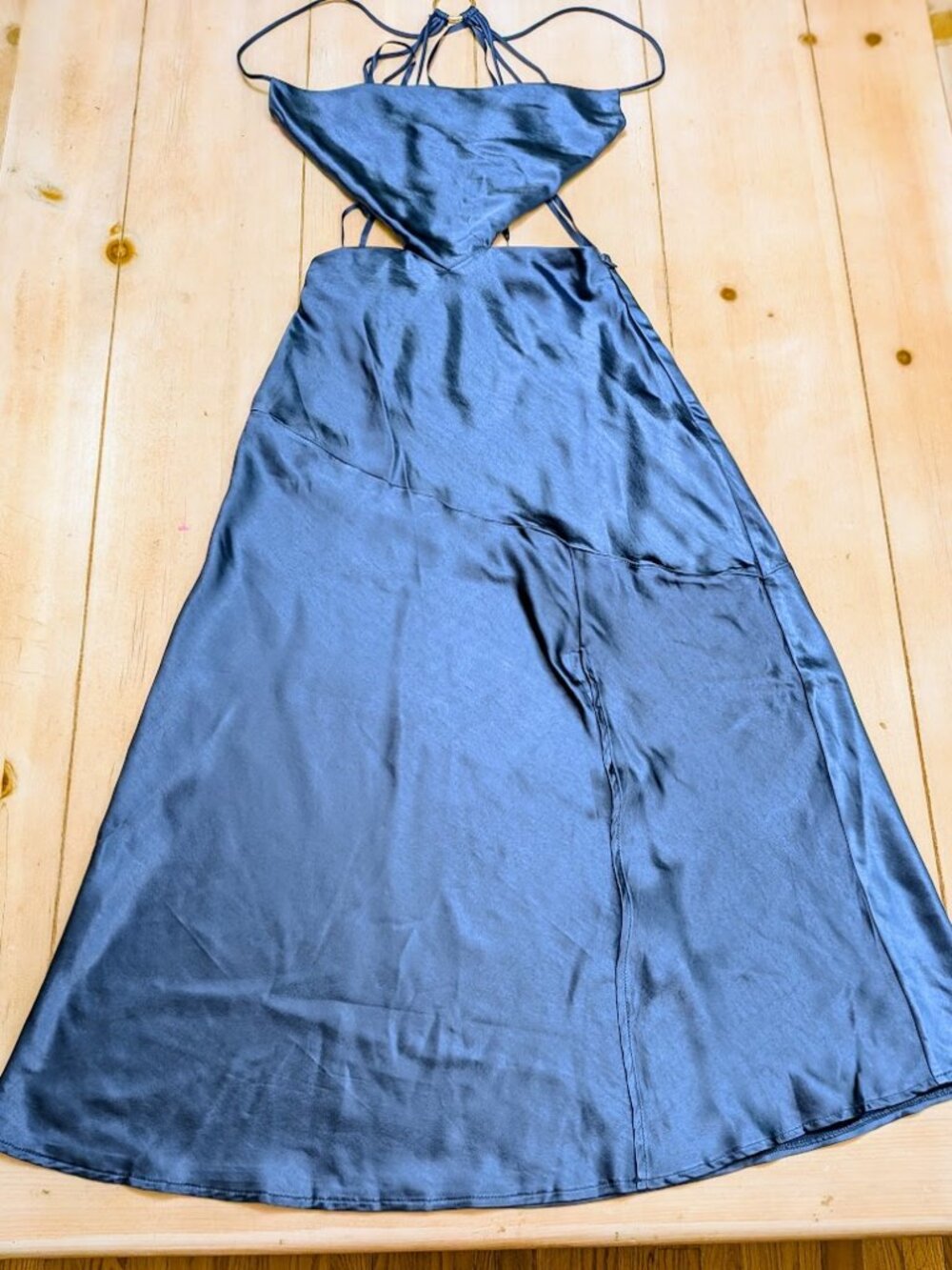 Hello Molly Blue Satin Cutout Maxi Dress Size Small NWT Strappy Back Gold Ring